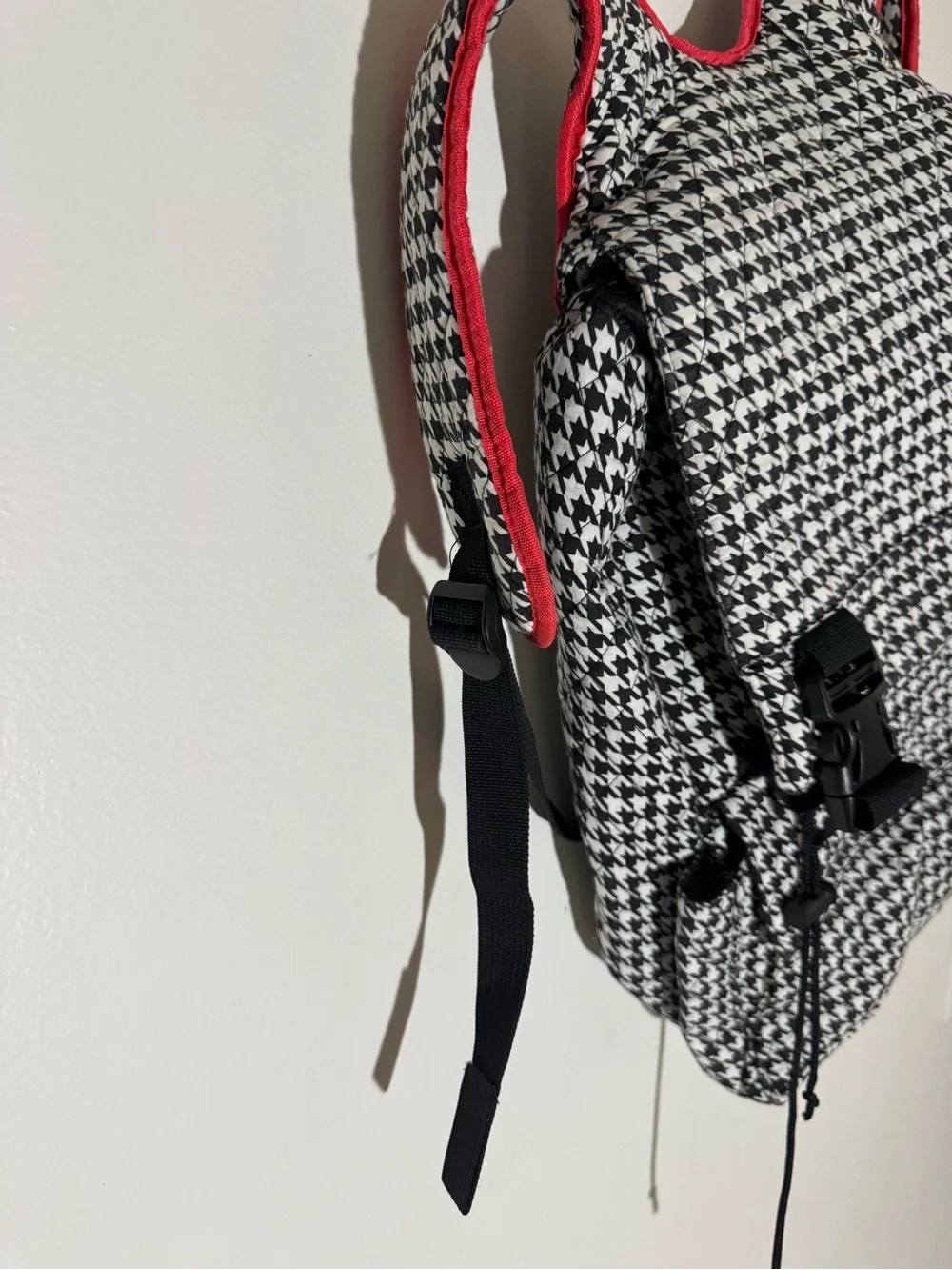 Houndstooth Print Backpack Diaper Bag with Red Trim